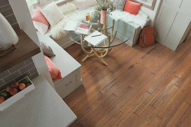 dark stained hardwood flooring in  a breakfast dining nook